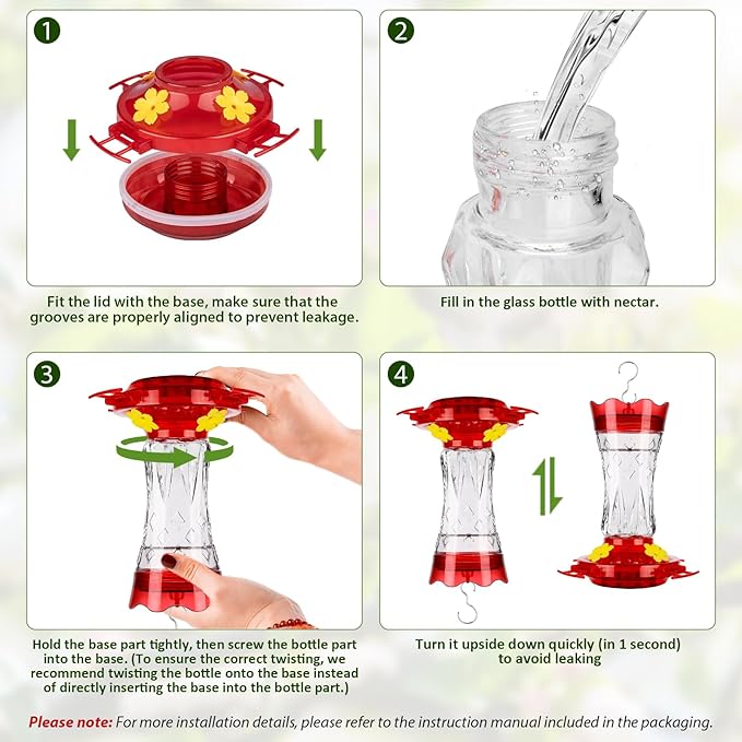 BOLITE Glass Hummingbird Feeders for Outdoors Hanging, Built-in Ant Moat, 4 Bee Guard Feeding Ports with Perches, Leak Proof, 15 Ounces, Stars Decor, Red, Gifts for Women Men, Gifts for Mom Dad