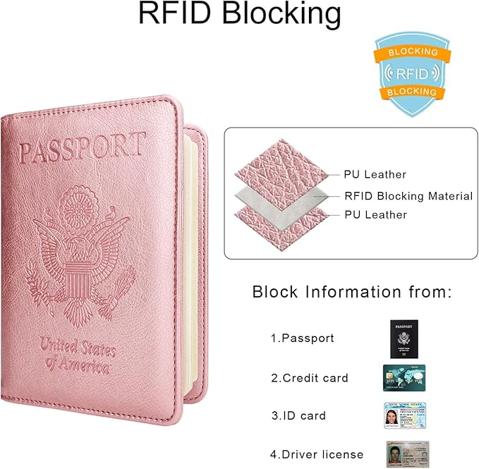 WALNEW Passport Holder for Travel, RFID Passport Cover Wallet for Women Men, PU Leather Passport Book Card Holder Case with Pen (Elastic Band Closure, A-Rosegold)
