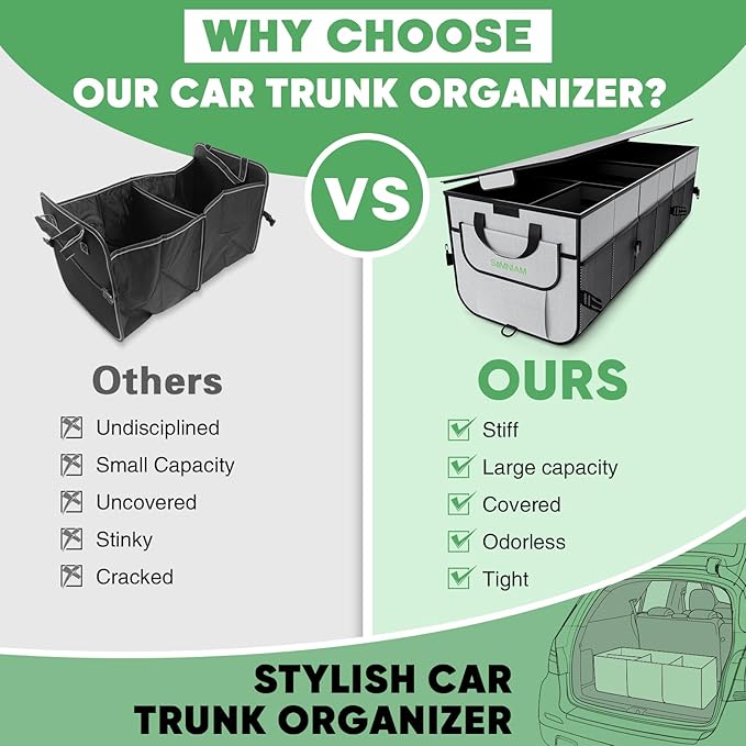 Simniam Car Trunk Organizer with Insulated Grocery Bag - 110L High Capacity Car Storage Box, with 4 Compartments, Reflective Strip, Cover, for Auto, SUV, Truck, Minivan