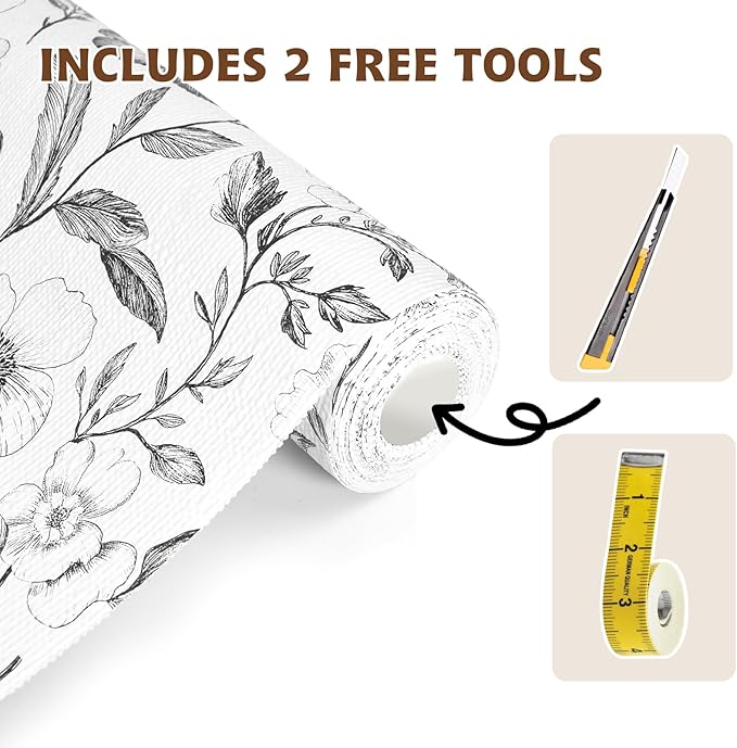 Drawer and Shelf Liner Black Flowers 17in x 20FT, Non Adhesive Anti-Slip Double Layer PVC Reusable Thickened Waterproof Easy Clean for Kitchen Cabinets Refrigerator with Knife Tape Measure