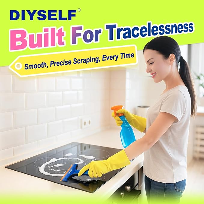 DIYSELF Plastic Razor Blade Scraper, 1 Pack Plastic Scraper Tool with 5 Pcs 4-Inch Plastic Razor Blades, Sticker Remover Tool and Decal Remover for Glass, Window, Labels, Adhesive, Cooktop, Tile