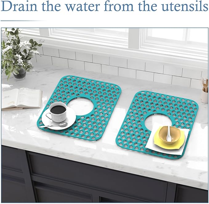 BEHOK Silicone Sink Protector for Kitchen Bathroom Sink, 2 Pack 13.58"x 11.6" Heat-resistant Mat, Non-Slip and Durable Silicone Protectors, Center Drain (Green)