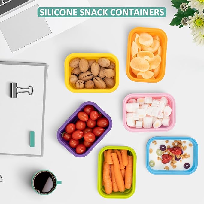 Reusable Silicone Snack Containers with Lids, 14oz, Small Collapsible Food Storage Containers for Meal Lunch Small Portion, Stackable, Space Saver for RV, Travel, Microwave Dishwasher Safe, 6 Pack