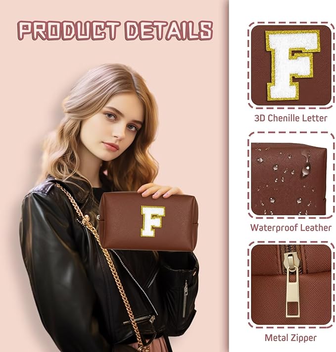 TOPEAST Preppy Patch Makeup Bag, Chenille Letter Pouch Cosmetic Bag, PU Leather Waterproof Toiletry Bag, Personalized Birthday Gift for Women Girl, Cute Stuff for Girls (Brown B)