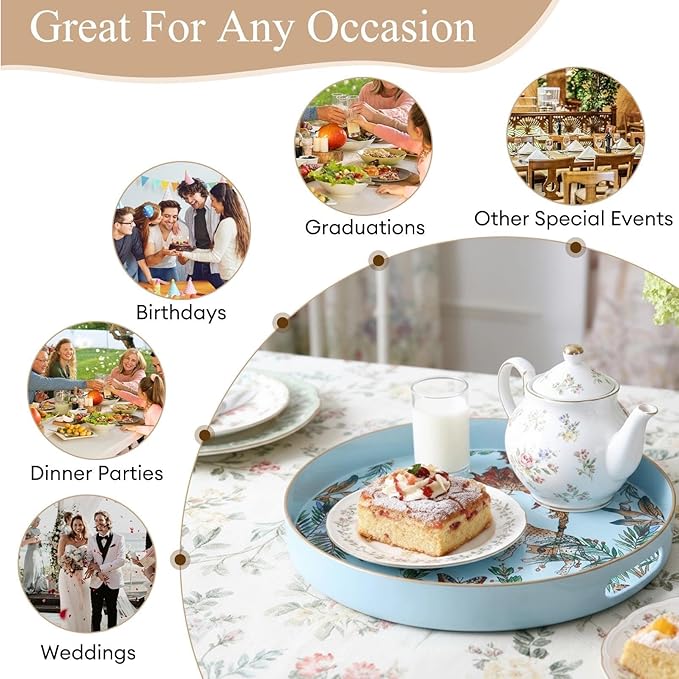 Zosenley Round Decorative Tray, 13 Inch Plastic Serving Tray with Handles, Leopard Style Vanity Organizer for Ottoman, Coffee Table, Kitchen, Bathroom (Blue)