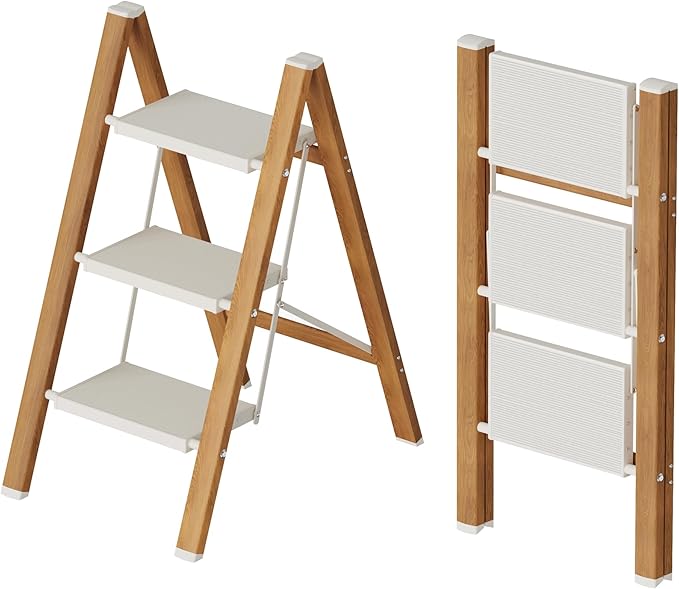 3 Step Lightweight Aluminum Folding Ladder, Portable Step Stool with Wide Anti-Slip Pedals, 330 lbs Capacity for Home,Cleaning Tasks（White&Woodgrain）