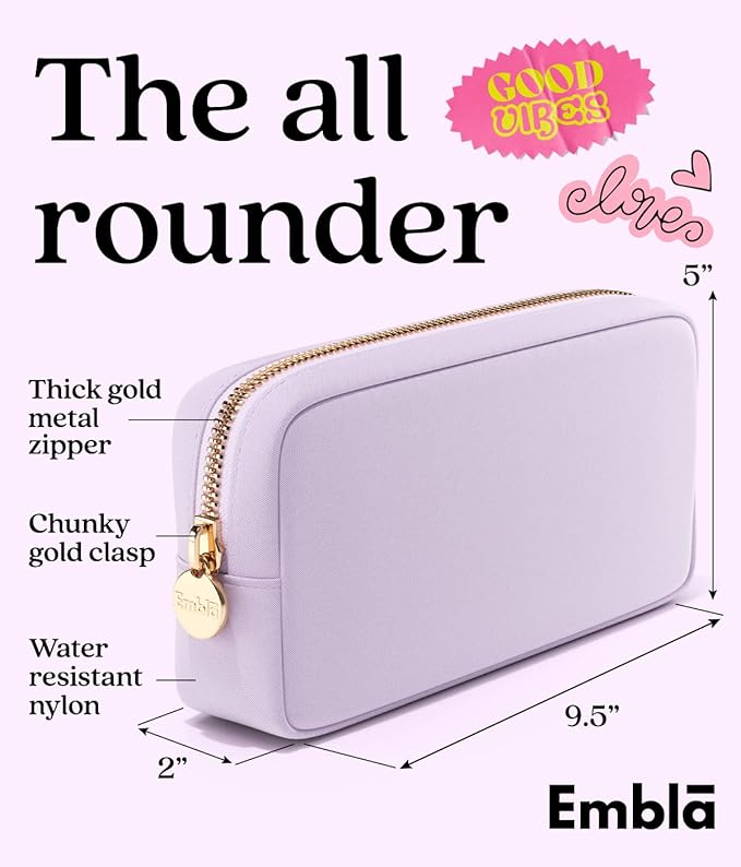 Embla Makeup Bag Travel Cosmetics Pouch and Toiletry Bag, Nylon Zipper Pouch Purse, Cute Make Up Organizer Storage Tote for Women Girls, Waterproof Travel Skincare Case, Small Makeup Bags, Lilac