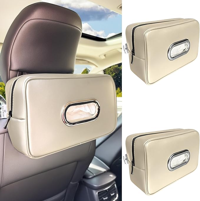 Noaman Upgraded 2 Pack Large Car Tissue Holder PU Leather Tissues Box Cover Backseat Rectangular Napkin Holder for Car Fits for 120 Standard Kleenex Tissues Box for Car Organization Accessories Beige