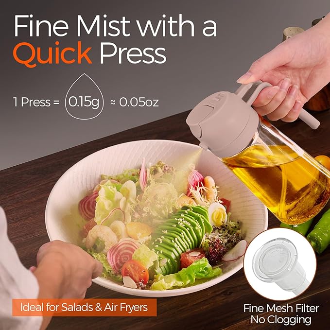 YARRAMATE 16oz/470ml Glass Olive Oil Sprayer for Cooking with Stickers, 2 in 1 Oil Dispenser for Kitchen Gadgets, Food Grade Premium Spray Bottle for Salad, Frying, BBQ (LotusRootPink)