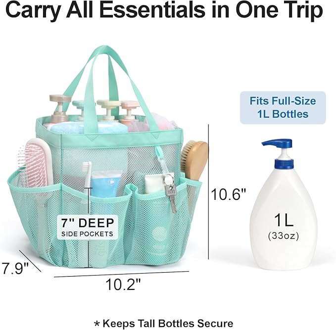 F-color Mesh Shower Caddy Portable, Upgraded Deeper 7-Pocket Shower Bag Basket Tote for College Dorm Room, Toiletry, Bathroom Essentials, Gym, Camp, Quick Dry, 2 Handles with S Hook, Sage Green