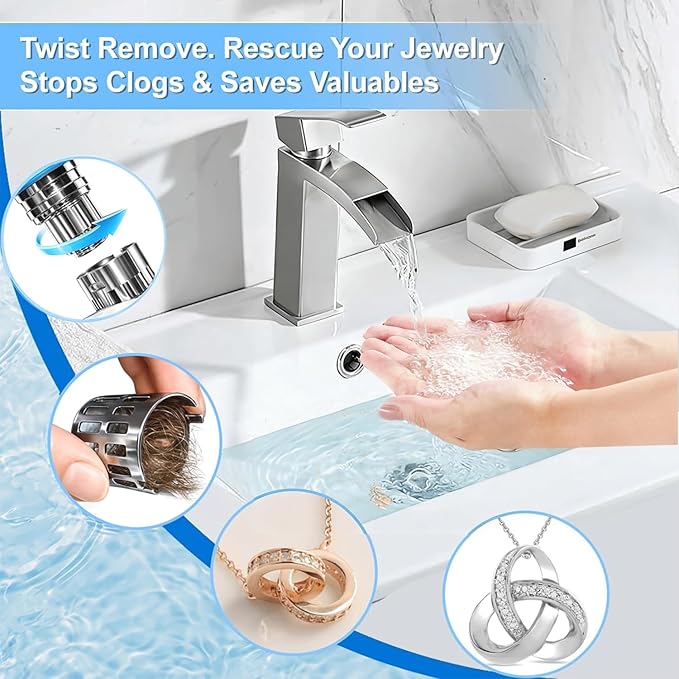 (All Metallic) Bathroom Sink Plug, Pop-up Drain for Bathroom Sink, Sink Plug Hair Collector, Silent Popper Core with Removable Stainless Steel Filter Basket (Silver Polished, 1 Pack)