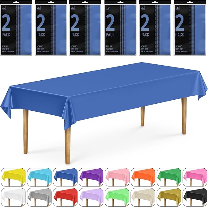 DecorRack 12 Rectangular Tablecloths BPA-Free Plastic, 54 x 108 inch, Dining Table Cloth, Rectangle Table Cover for Parties, Picnic, Camping and Outdoor, Disposable or Reusable, Royal Blue (12 Pack)