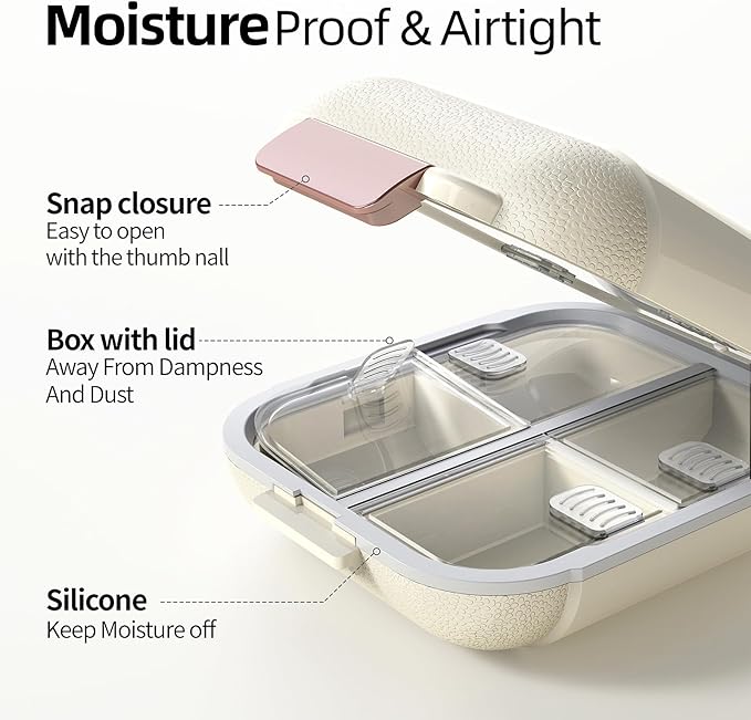 Portable Pill Organizer, Pill Box with 7 Compartments, Small Pill Case for Travel, Daily Medicine Pill Organizer with Air-Tight Lid, BPA-Free Material Pill Container (White)