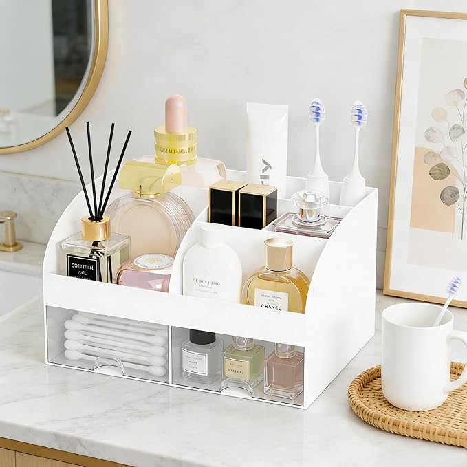Makeup Organizer with 2 Drawers, Cosmetic Storage for Dresser Vanity and Bathroom Countertop, Makeup Organization and Skincare Storage with Beauty Brush Holder, Cosmetic Display Case (White)