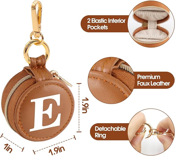Mini Initial Travel Jewelry Case Ring Holder, Brown Faux Leather Small Jewelry Organizer Box Gifts for Women Girls Nurse Teacher, Gym Travel Accessories Keychain Pouch for Earrings Rings Necklace E