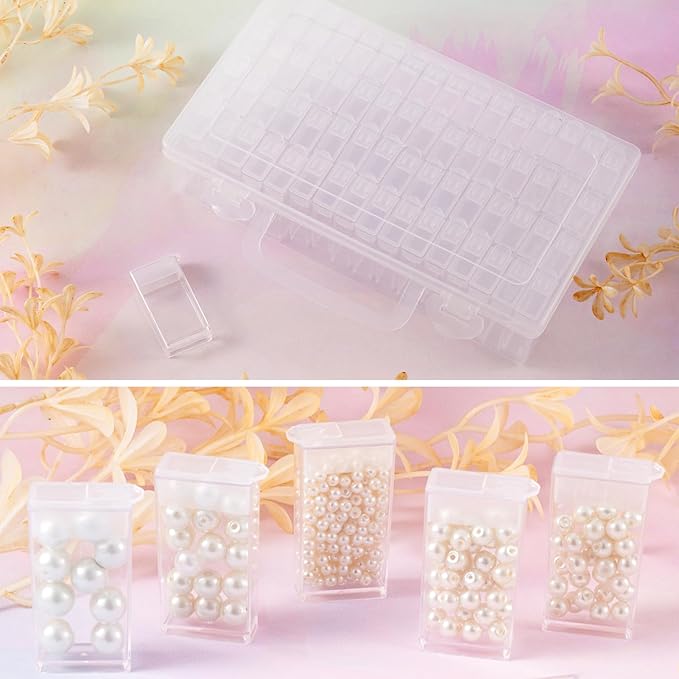 FASHEWELRY 64 Grids Small Diamond Painting Storage Containers 2x1 Inch Clear Flip Top Seed Bead Organizer Boxes with Label Stickers for Diamond Dots, Pony Beads, Nail Glitters