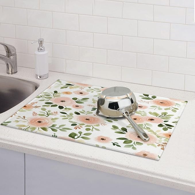 Watercolor Floral Dish Drying Mat for Kitchen Counter Microfiber Super Absorbent Non-Slip Dish Drying Pad for Countertops Dishes Utensils Stylish Quick-Dry Machine Washable 18x24 Inch