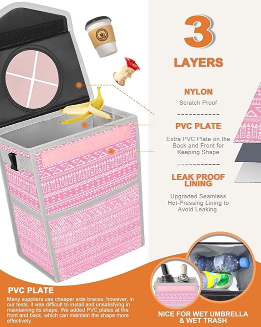 Pritent Car Trash Can with Lid, Cute Leakproof Car Trash Garbage Bag Hanging Vehicle Trash Bin Small Portable Automotive Garbage Cans Organizer for Back/Front Seat/Console(2.8 Gallons,Pink Print)