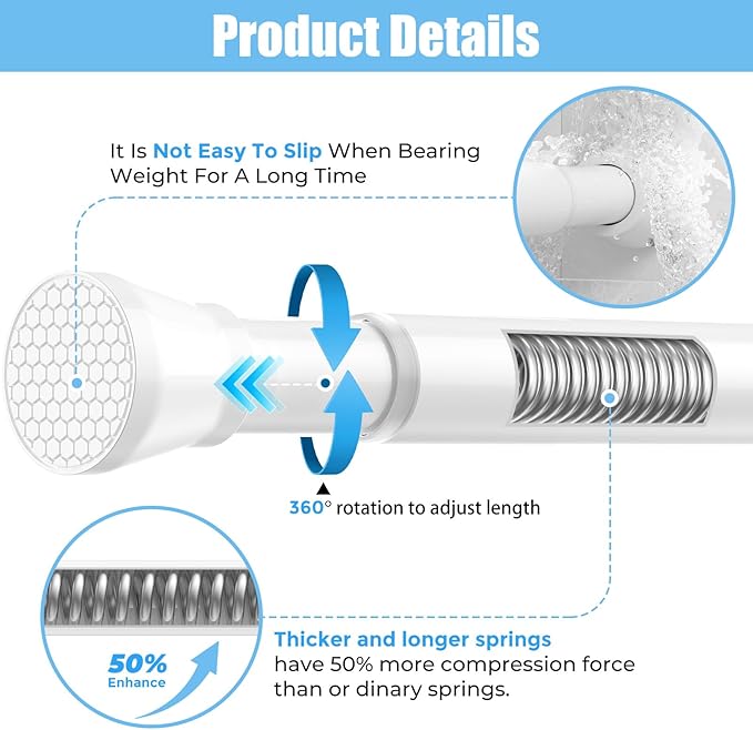 AIZESI Tension Curtain Rod Adjustable Spring Tension Rods for Windows 28 to 48 Inch, No Drilling, 7/8" Diameter, White Curtain Rod, Small Shower Curtain Rod for Bathroom, Doorway, Closet, Kitchen