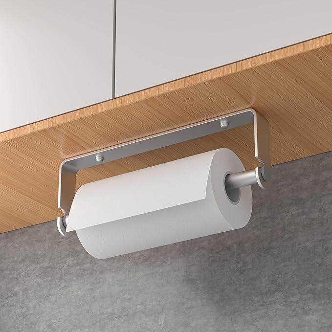 Under Cabinet Paper Towel Holder, Adhesive or Drill Mount Paper Towel Holder, Wall Mount Paper Towel Holders for Kitchen or Bathroom (Silver)