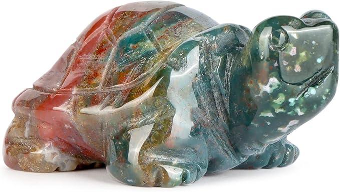 2" Ocean Jasper Turtle Figurine Healing Crystal Collectible Statue Hand Carved Mini Gemstone Animal Sculpture Tortoise Decor for Home, Office