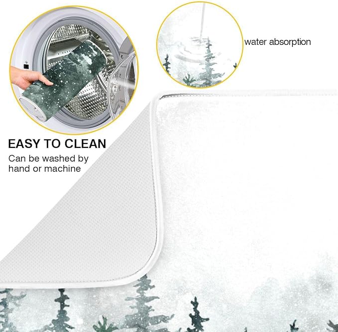 Winter Forest Scenery Dish Drying Mat for Kitchen Christmas Tree Snow Xmas Microfiber Drying Mats Absorbent Reversible Dish Pad Medium Dish Draining Mat 16x18 inch