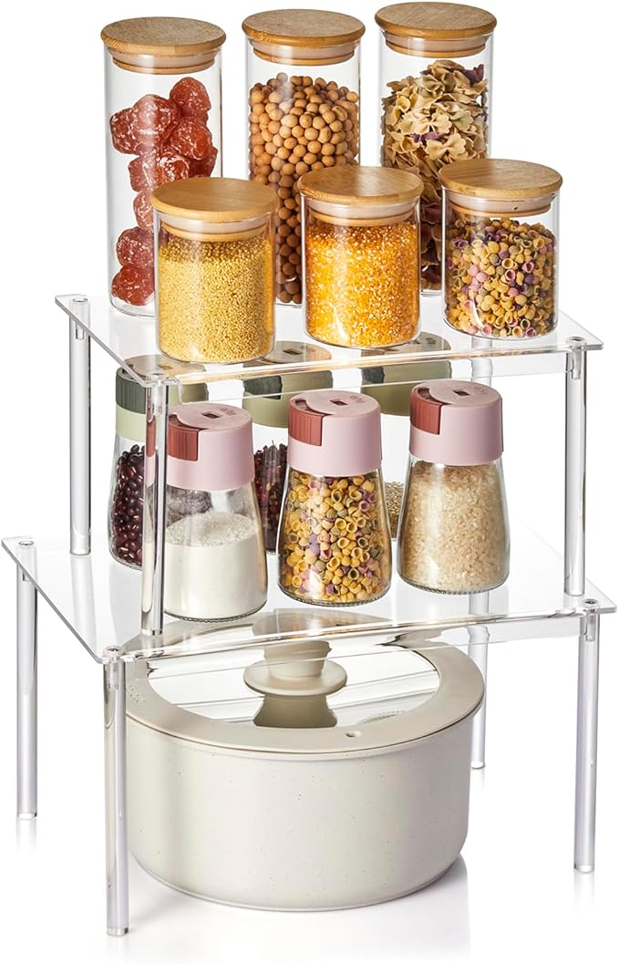 Clear Acrylic Cabinet Organizer Shelf, Set of 2 Spice Rack Organizer for Kitchen, Countertop Desk Organizers Display Riser Shelves, Stackable Kitchen Cabinet Shelf, Pantry Storage