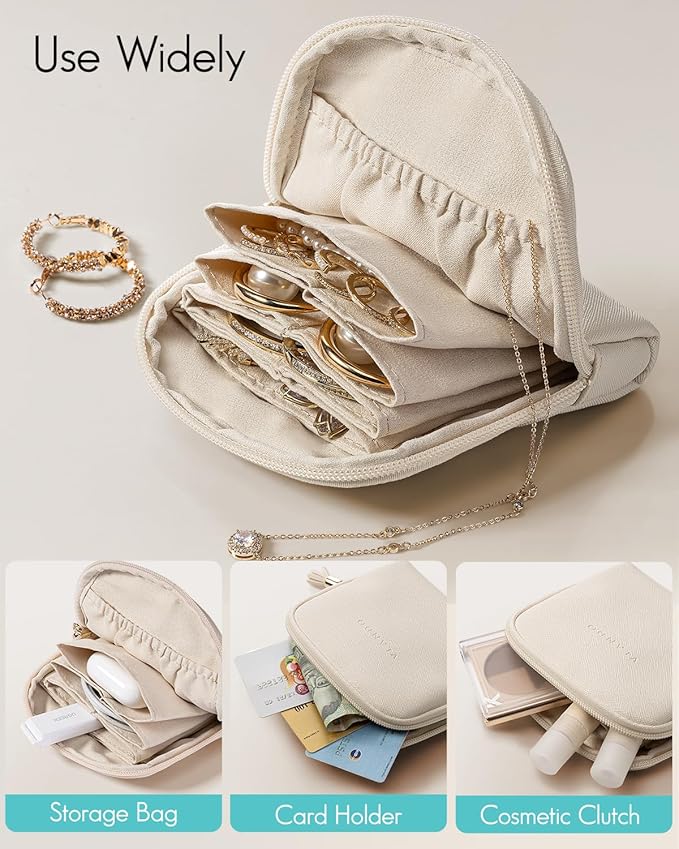 Vlando Mini Jewelry Travel Case, Jewelry Pouch Bags with Zipper, Velvet Jewelry Organizer Storage Bag for Bracelet Rings Earring Travel Essentials Gifts for Women Girl-Beige