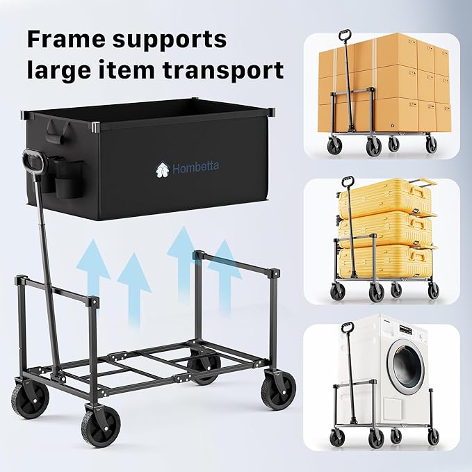 Collapsible Wagon Cart with Wheels, 150L Lightweight Foldable Utility Cart, Portable Rolling Wagon for Garden, Shopping, Sports, Camping, Transport, Black