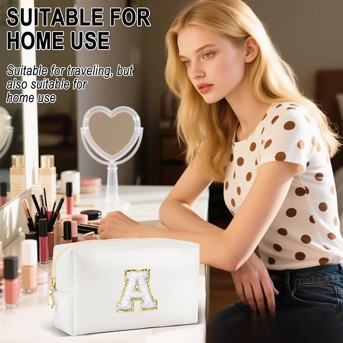 Gifts for Girls Initial Makeup Bag Personalized Cosmetic Bag with Zipper Cute Travel Toiletry Bags Waterproof PU Preppy Makeup Pouch Birthday Gift for Teen Girls Women(White A)