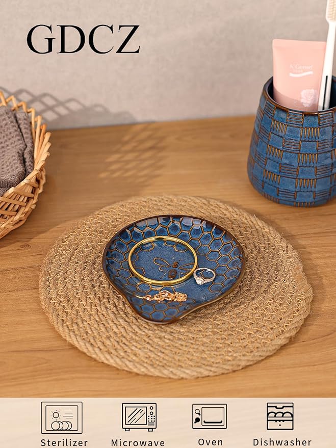 GDCZ Ceramic Jewelry Tray, 5.3" Decorative Dish, Personalized Jewelry Trays Tray with Pattern, Gifts for Friends, Sisters and Women,Set of 2 (Blue)