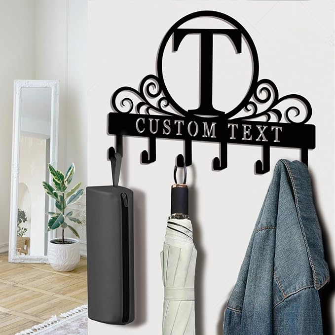 Personalized Initial Key Holder for Wall, Decorative Metal Key Holder Wall Mount, Key Hooks Coat Rack Monogram Decor, Perfect for Bathroom, Living Room, Kitchen, Anniversary Housewarming Gift