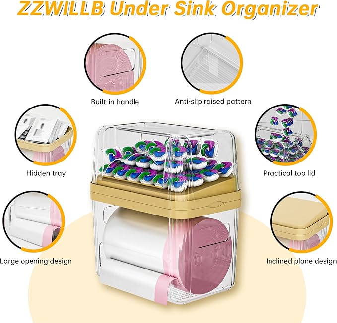 2-in-1 Trash Bag Dispenser & Laundry/Dishwasher Pods Container, Clear Acrylic Garbage Bag Organizer with Removable Lids, Under Sink Kitchen Storage Box