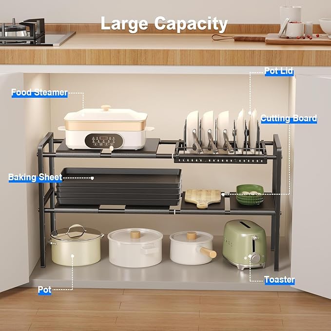 Pots and Pans Organizer Under Cabinet, Expandable 2 Tier Under Sink Organizers and Storage Adjustable Height Kitchen Pot and Pan Lid Holder Rack with 6 Dividers (6 panels, 1 Pot rack, Black)
