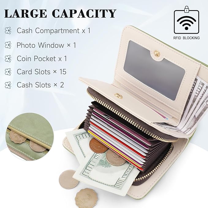 Women RFID Blocking Small Bifold Wallet, Compact Cash Clutch with Zipper Coin Pocket, Glittery Butterfly Design, Credit Card Holder, Travel Purse with Tassel GREEN