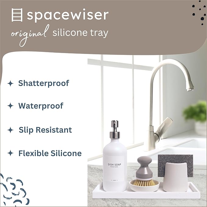 Spacewiser Countertop and Vanity Tray - 11.7" Silicone Bathroom Tray Countertop, Dish Soap Trays for Kitchen Counter, Bathroom Counter Organizer Accessories Caddy, Shower Trays Makeup Mat Oil, White