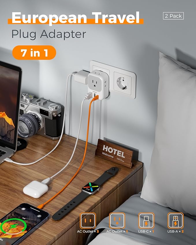 2 Pack European Plug Adapter USB C, TESSAN US to Europe Adapter 4 Outlets 3 USB Charger, Type C International Power Adapter to Italy Spain France Portugal Iceland Germany, Europe Travel Essentials