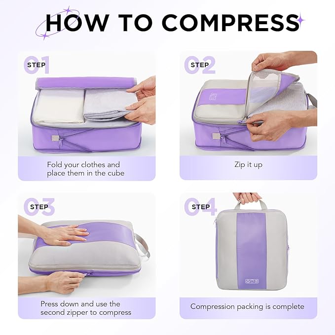 10 Set Compression Packing Cubes for Travel Essentials, Compressible Expandable Packing Cubes for Suitcase, OlarHike Luggage Organizer Bags for Travel, Handy Helper for Organizing Clothes (Light Purple)