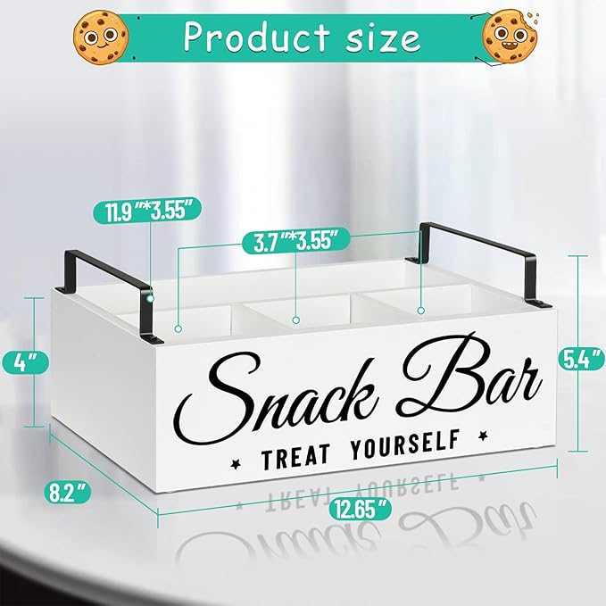 Snack Organizer for Countertop, Wood Pantry Storage Bins with Handles, Snack Bar Organizer for Pantry Shelf, Kitchen, 4 Compartment Food Container Snack Box, Pantry Organizer for Snacks, Chips (White)