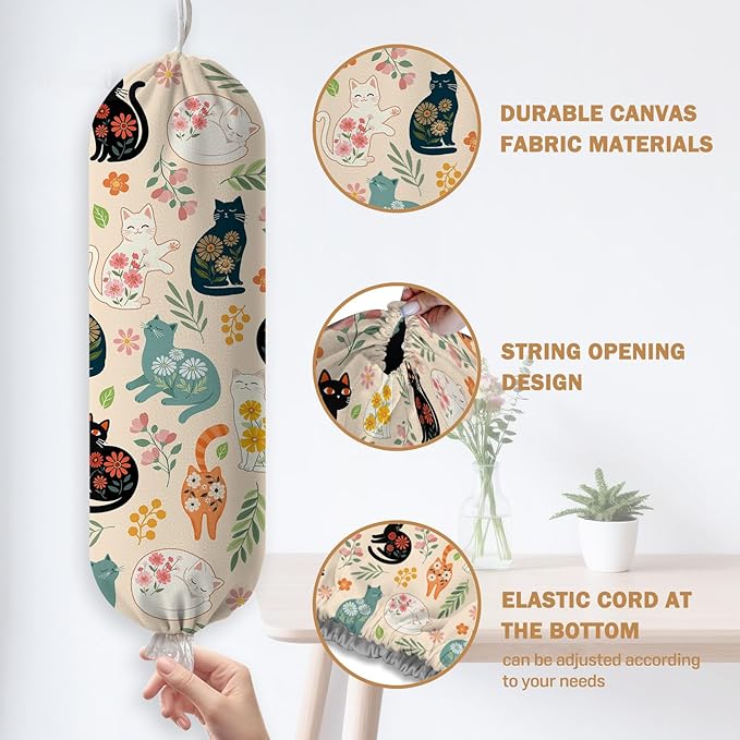 Plastic Bag Holder, Grocery Bag Organizer Storage, Kitchen Dispenser Holders Reusable Shopping with Adjustment Drawstring Closure for Kitchen Farmhouse Decor, Colorful Cat