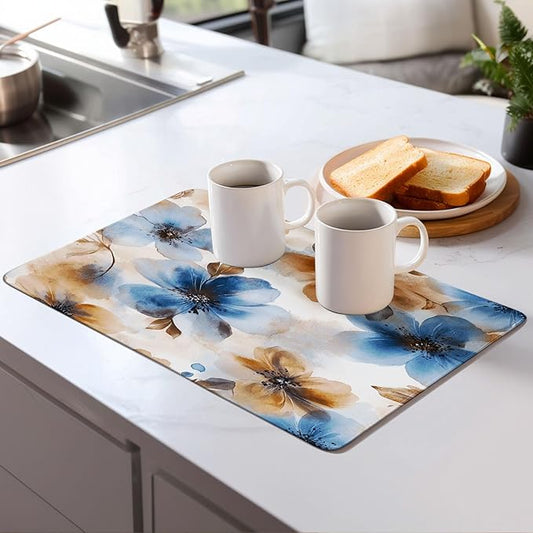 Watercolor Flowers Dish Drying Mat for Kitchen Counter Microfiber Super Absorbent Non-Slip Dish Drying Pad for Countertops Dishes Utensils Stylish Quick-Dry Machine Washable 18x24 Inch