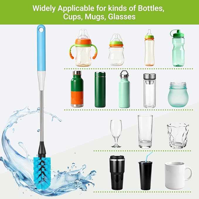 Water Bottle Brush, 15 Inches Bottles Brush, Long Handle Water Bottle Cleaner Brush, Kitchen Cup Brush Built for Cleaning Cup, Wine Glasses, Coffee Mugs, Tumblers, Wine Decanters, Blue
