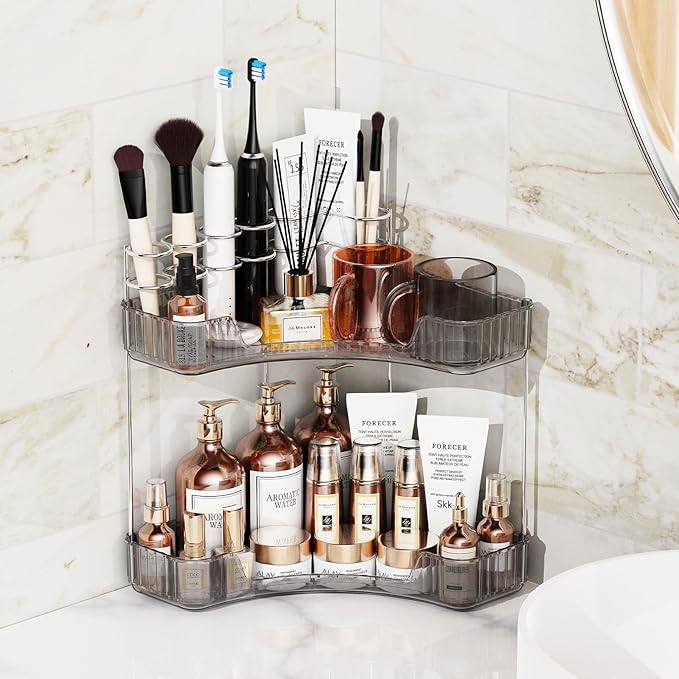 2-Tier Corner Bathroom Counter Organizer with Top Toothbrush Holders,Large Makeup Organizer Countertop with Brush Holder,Skincare Organizers Corner,Exquisite Vanity Organizer (Gray, 2 Tier)