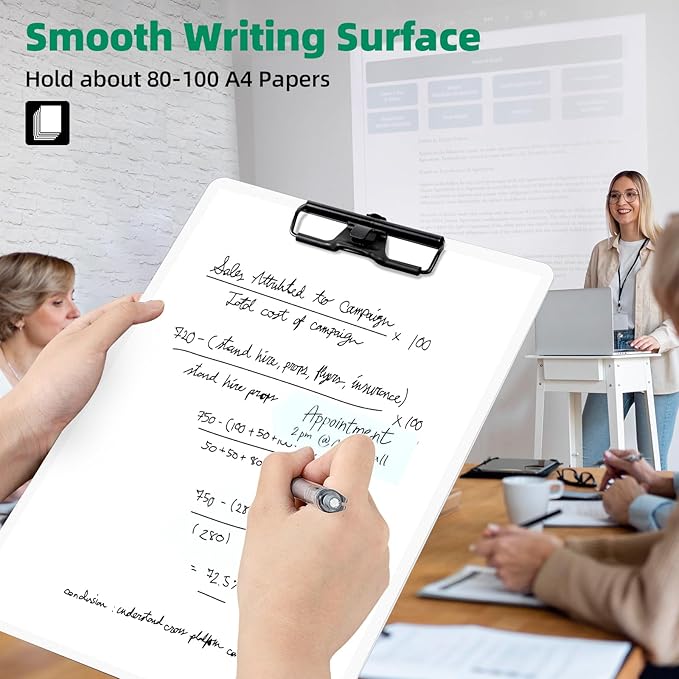White Clipboard with Pen Holder, 2 Pack Plastic Clipboard with Low Profile Metal Clip, Hanging Clipboards Holds 8.5x11 Inch Papers, Standard A4 Letter Size Clip Board for Office & School