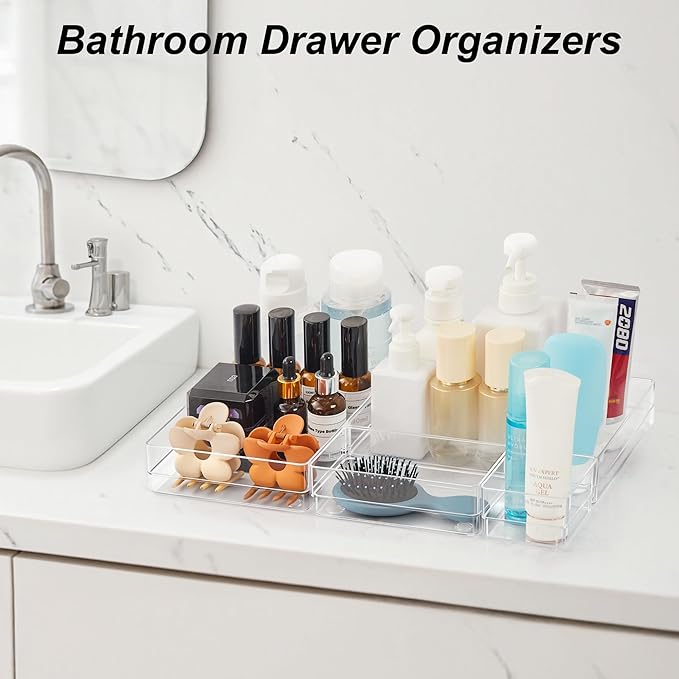 SMARTAKE 25-Piece Drawer Organizer with Non-Slip Silicone Pads, 4-Size Desk Drawer Organizer Trays Storage Tray for Makeup, Jewelry, Utensils in Bedroom Dresser, Office and Kitchen (Clear)