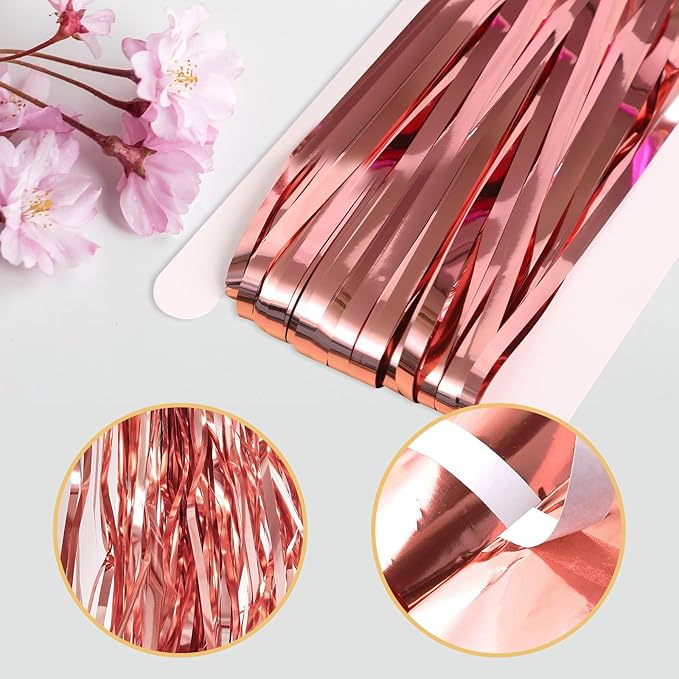 10 Pack Rose Gold Backdrop Curtain 3.2ft x 8.2ft Metallic Tinsel Foil Fringe Curtains Photo Booth Background for Birthday Party Decoration Baby Shower Engagement Wedding Christmas Decoration