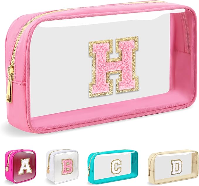Small Clear Personalized Initial Makeup Bag,Nylon Preppy A-Z Chenille Letter Patch Cosmetic Pouch Beach Toiletry Bag,Waterproof Zipper Travel Purse Storage Bag Organizer for Women Girls(Pink-Pink H)