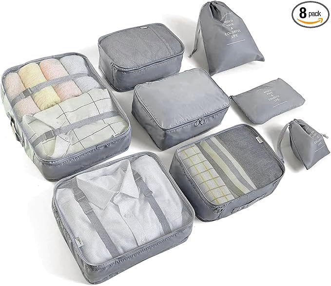 LANSKLBD 8 Set Packing Cubes for Suitcases Travel Luggage Packing Organizers,Travel Essentials Accessories Luggage Organizer with Shoe Bag Toiletry/Laundry Bag（Grey）