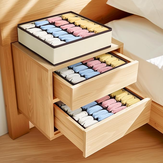 Joyoldelf Sock Drawer Organizer Divider Underwear Organizer 24-cell Fabric Dresser Drawer Organizers Storage Boxes for Socks Lingerie, Handkerchiefs, Ties 4 Pack (Beige)