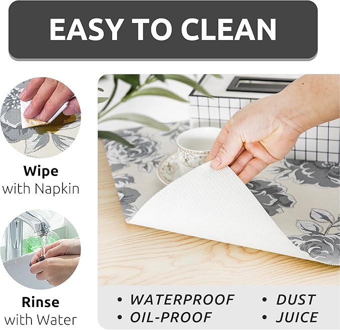 12X120 Inch Shelf Liner for Kitchen Cabinets, PVC Drawer Liner for Dresser Non-Slip Bathroom, Non-Adhesive Cabinet Liner Washable (Black Flower)(2 Roll)